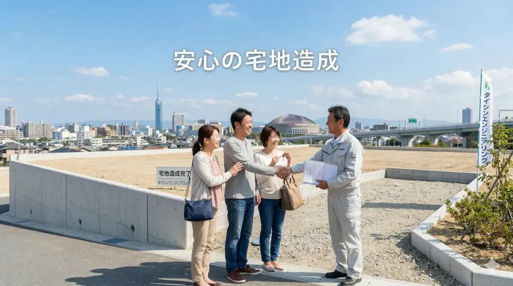 宅地造成工事の完了検査後に引き渡される整地済みの宅地の様子（建築可能な状態）