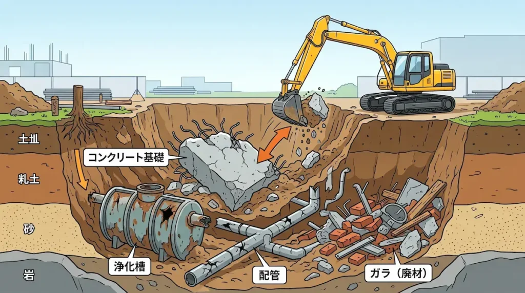 地中埋設物の撤去イメージ｜基礎・浄化槽・配管など見えない費用