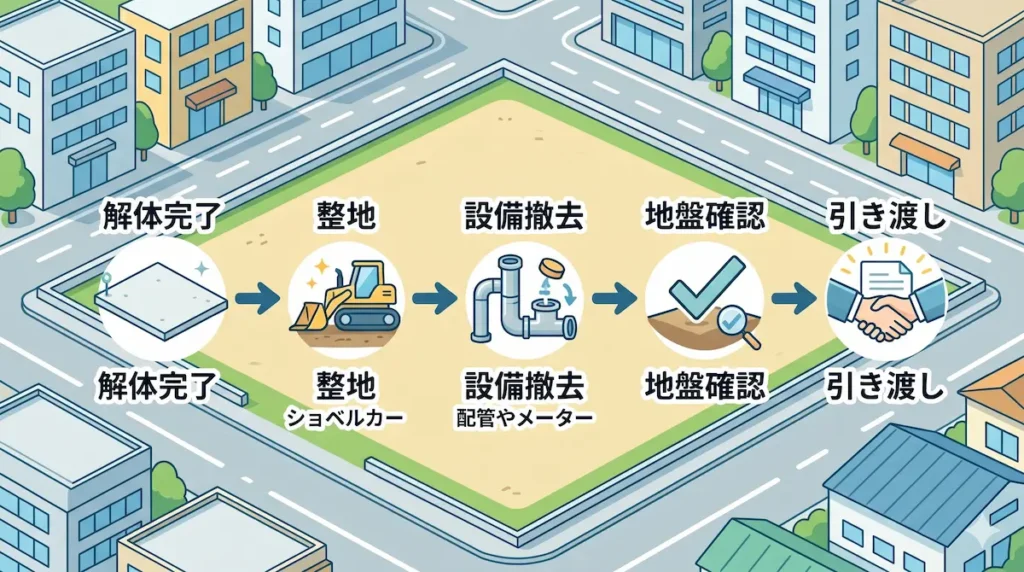 福岡市の解体後の流れ｜整地・設備撤去・地盤確認から引き渡しまでの工程図