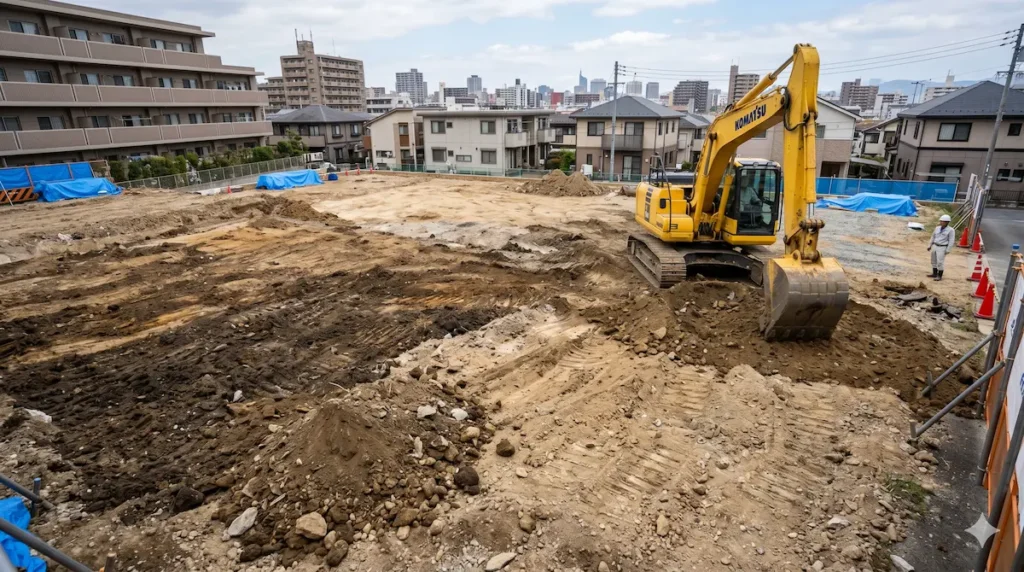 福岡市の粗整地工事｜重機で土地の凹凸を均して整地する作業工程