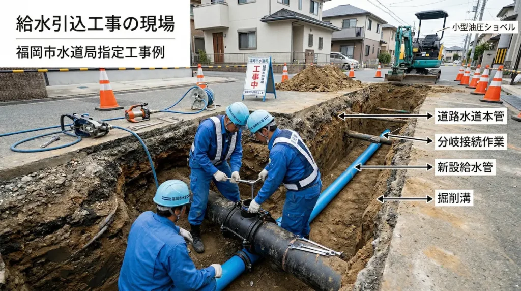 給水引込工事の施工現場｜道路掘削と配管作業の様子