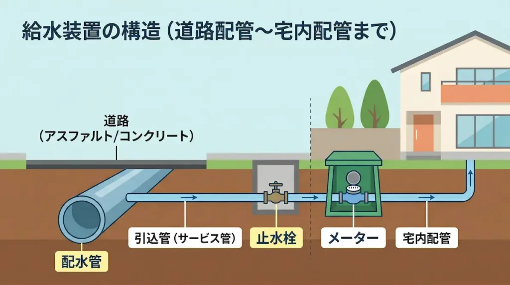 給水装置の構造図｜配水管・引込管・止水栓・水道メーターの位置関係