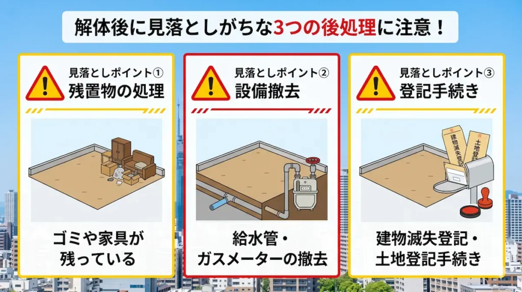 解体後に見落としやすい後処理｜残置物・設備撤去・登記の注意点