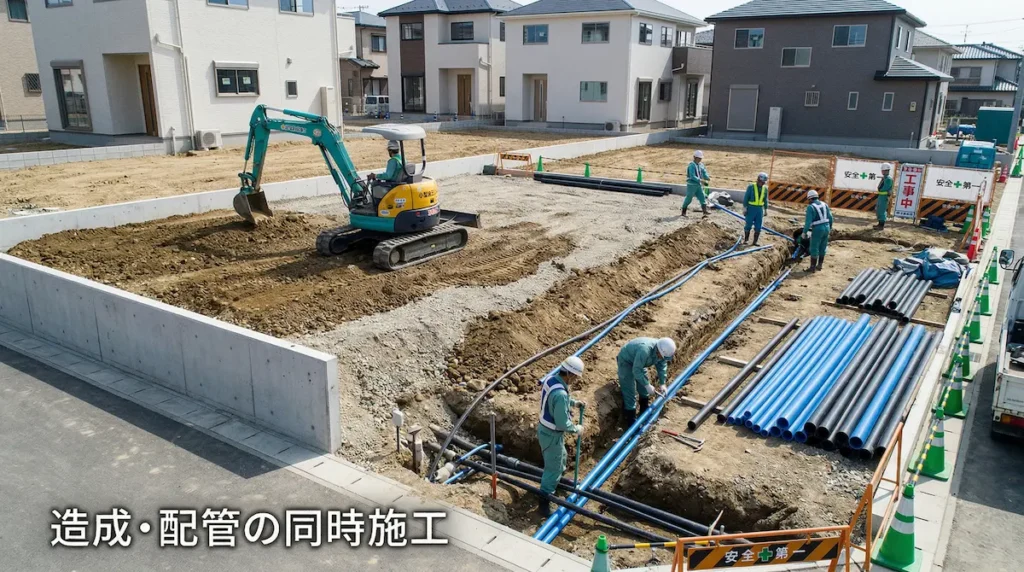 宅地造成と給水引込工事の同時施工｜掘削と配管を一体で行う現場
