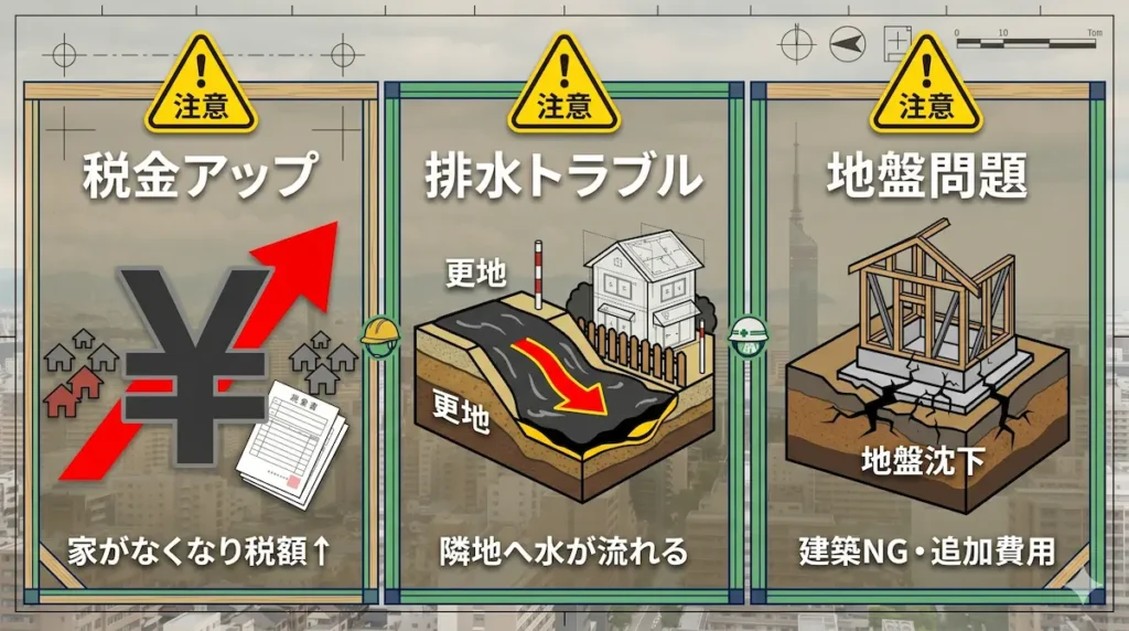 更地化の失敗例｜固定資産税増加・排水トラブル・地盤問題