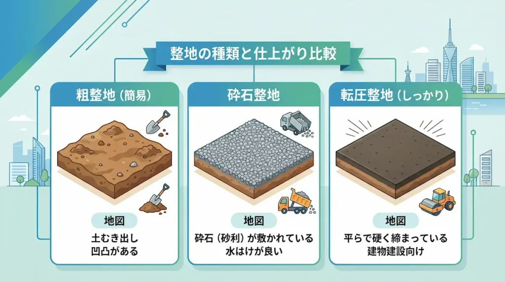 整地の種類比較｜粗整地・砕石整地・転圧整地の違い