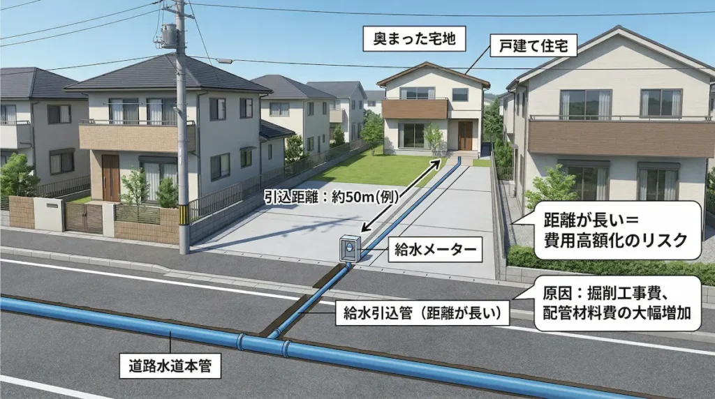 水道引き込み距離による費用差｜本管から宅地までの距離が長いケース