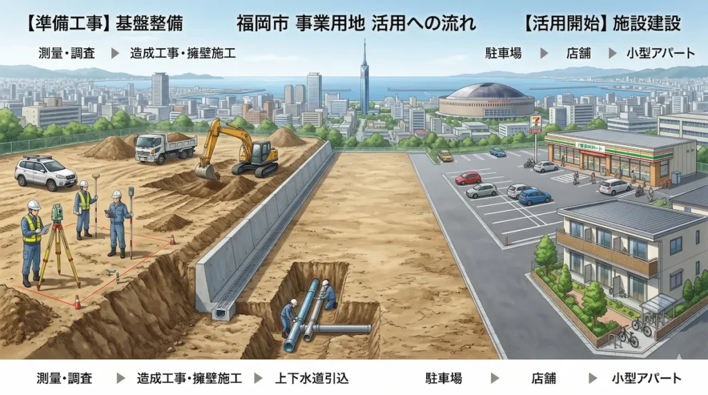 福岡市の事業用地で行う測量・造成・インフラ引込など準備工事の流れ