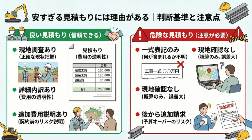 造成工事の危険な見積もりと適正見積もりの比較