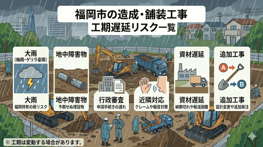 福岡市の造成工事・舗装工事で工期が延びる主な原因と雨天リスクのイメージ