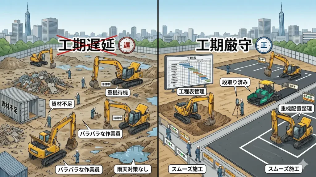工程管理ができる土木工事現場と管理不足の現場を比較したイメージ