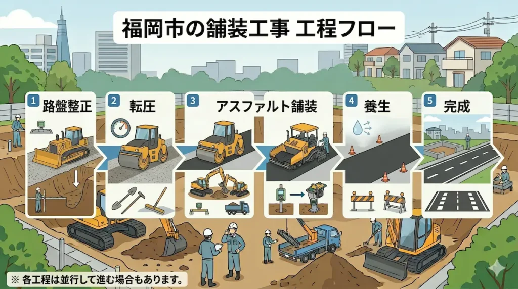 福岡市の舗装工事における路盤整正・転圧・アスファルト舗装工程のイメージ