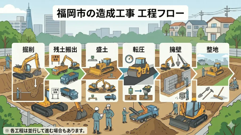 福岡市の造成工事における掘削・盛土・転圧・整地工程の流れイメージ