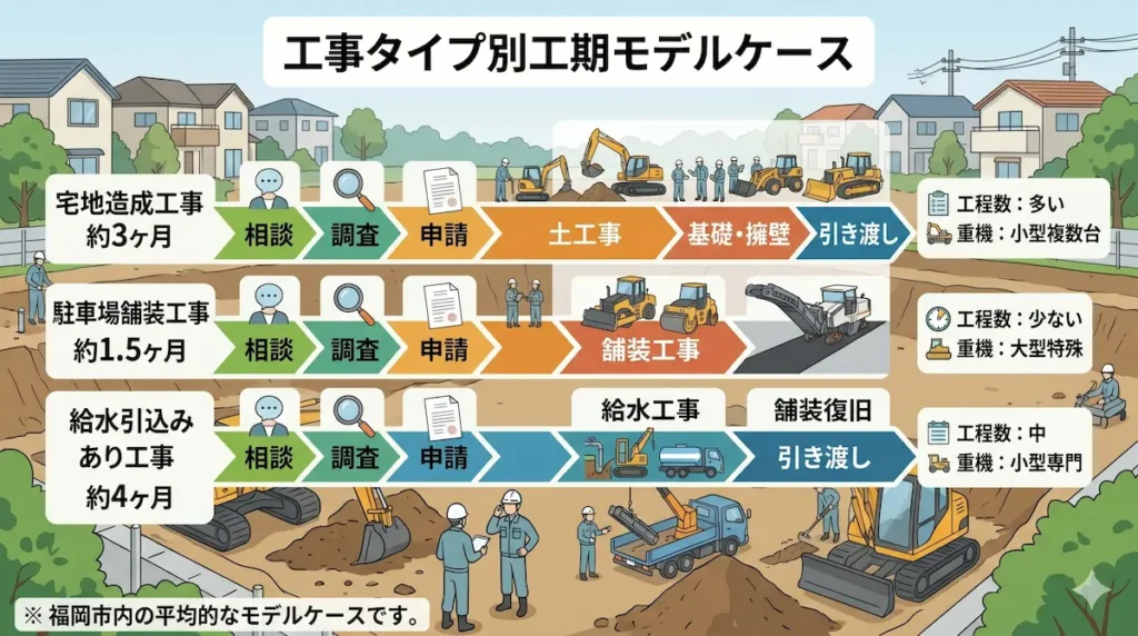 宅地造成工事・駐車場舗装工事・給水引込工事の工期比較イメージ