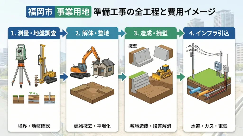 福岡市の事業用地で行う測量・解体・造成・インフラ工事の工程イメージ