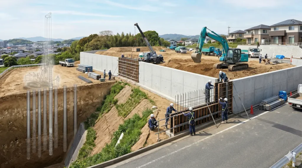 福岡市の高低差がある土地で行う擁壁工事と地盤改良工事の施工イメージ