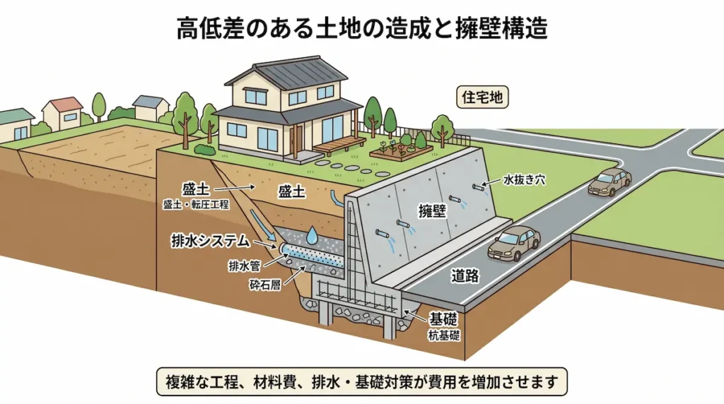 高低差のある土地と擁壁工事の断面イメージ