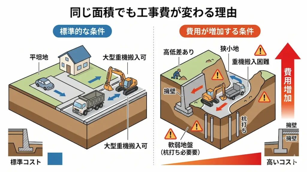 造成工事費用が高くなる条件比較イメージ