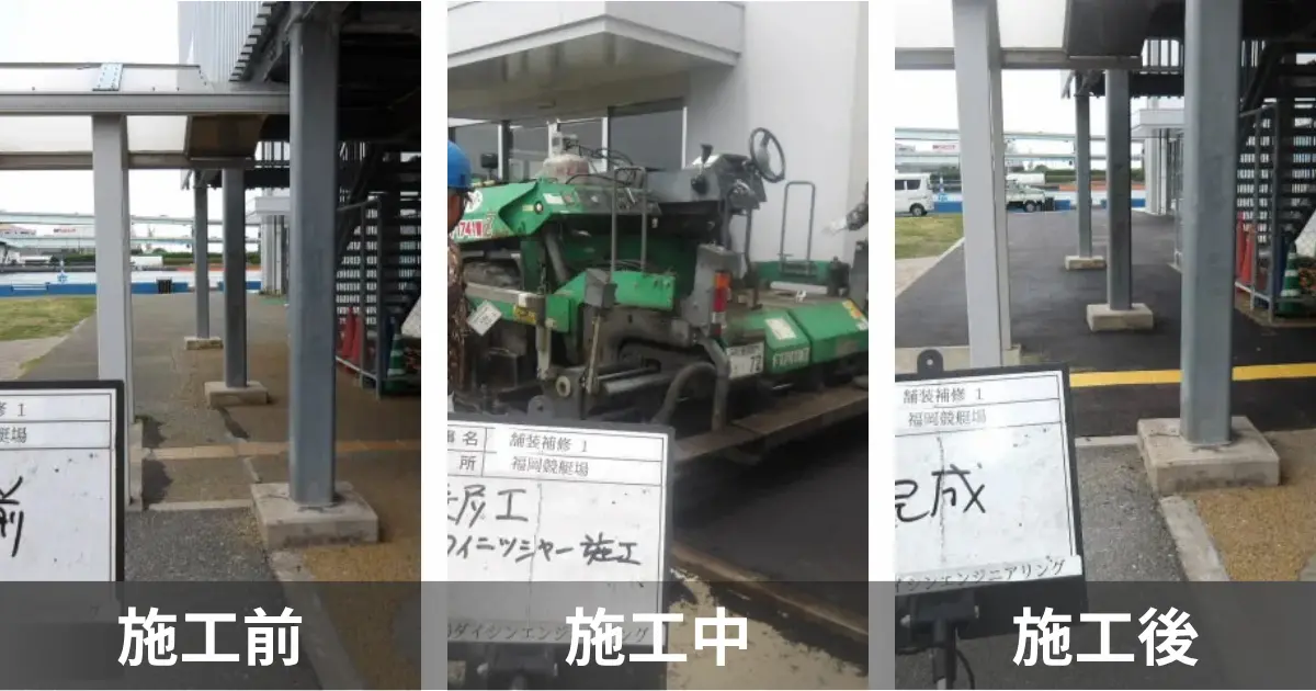 福岡競艇場でのアスファルト舗装補修工事の施工前・施工中・施工後を示す画像