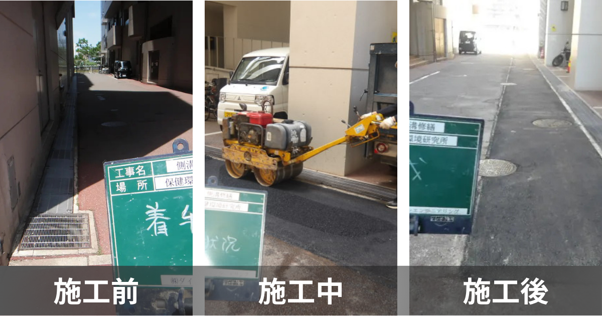 福岡市保健環境研究所での駐車場側溝修繕工事における施工前・施工中・施工後の比較画像