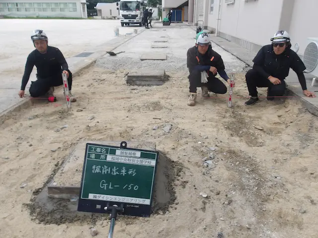 作業員が路盤掘削深さGL-150を確認する様子