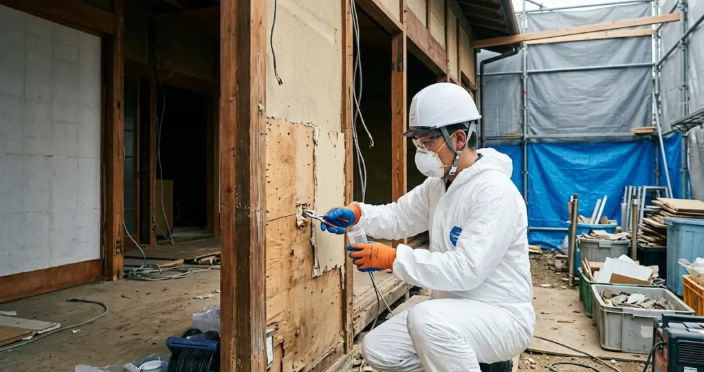 法令に基づき専門スタッフが事前に建材のアスベスト含有調査を実施する実際の現場