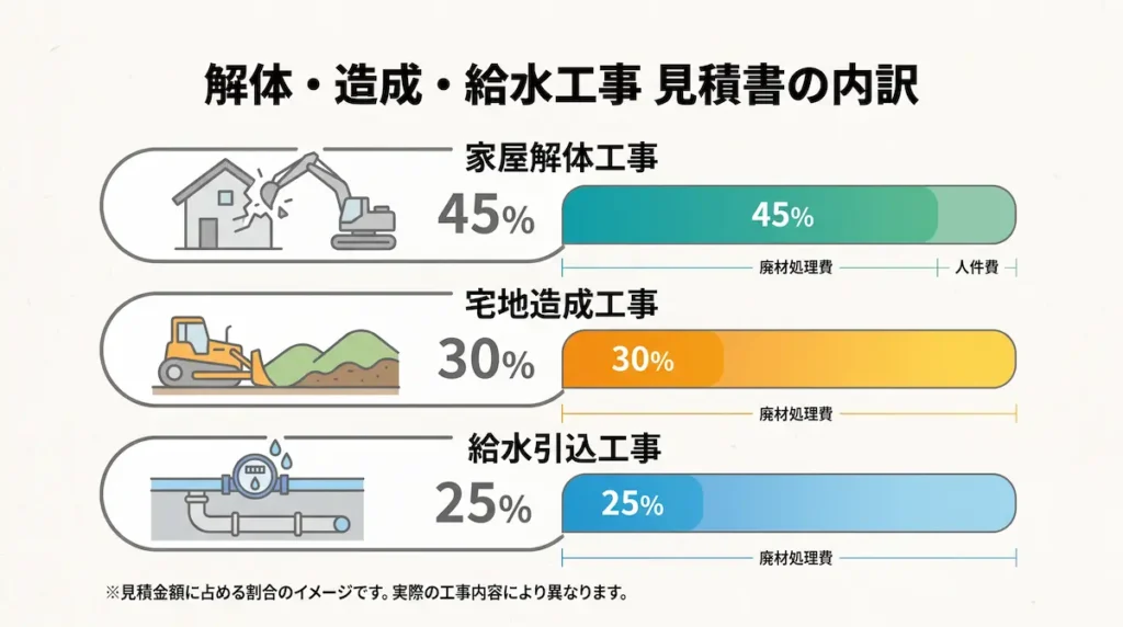 造成・給水工事の見積書における内訳構成と概算割合を示すシンプルな図解画像