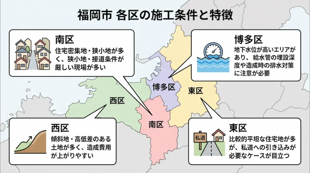 福岡市各区（南区・博多区・西区・東区）における解体・造成・給水工事の現場環境と施工の特徴