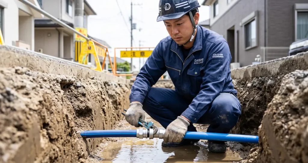 福岡市指定給水装置工事事業者としての指定証と安全な給水管引き込み配管工事現場