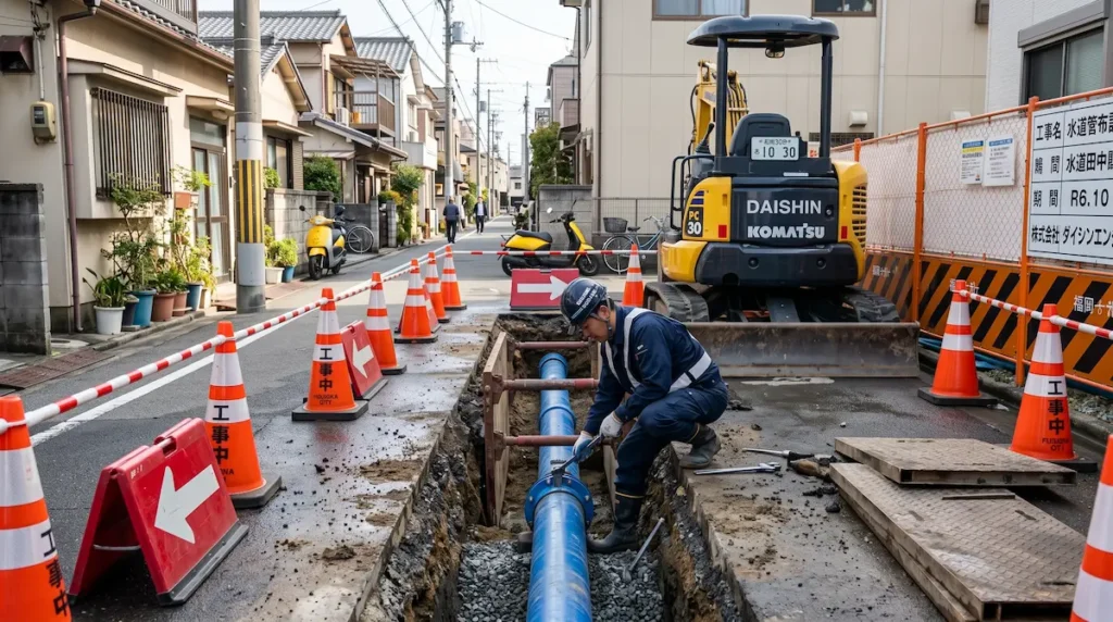 福岡市内の狭小地における建物解体作業と前面道路の水道管引き込み掘削工事現場