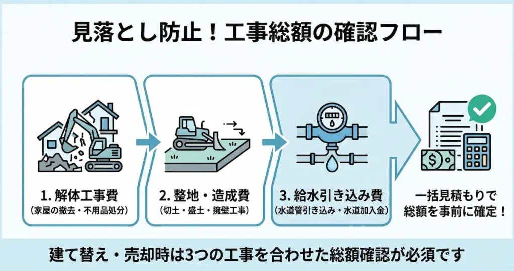 建物解体費・整地造成費・水道引き込み工事費を含めた工事総額の確認フロー図解