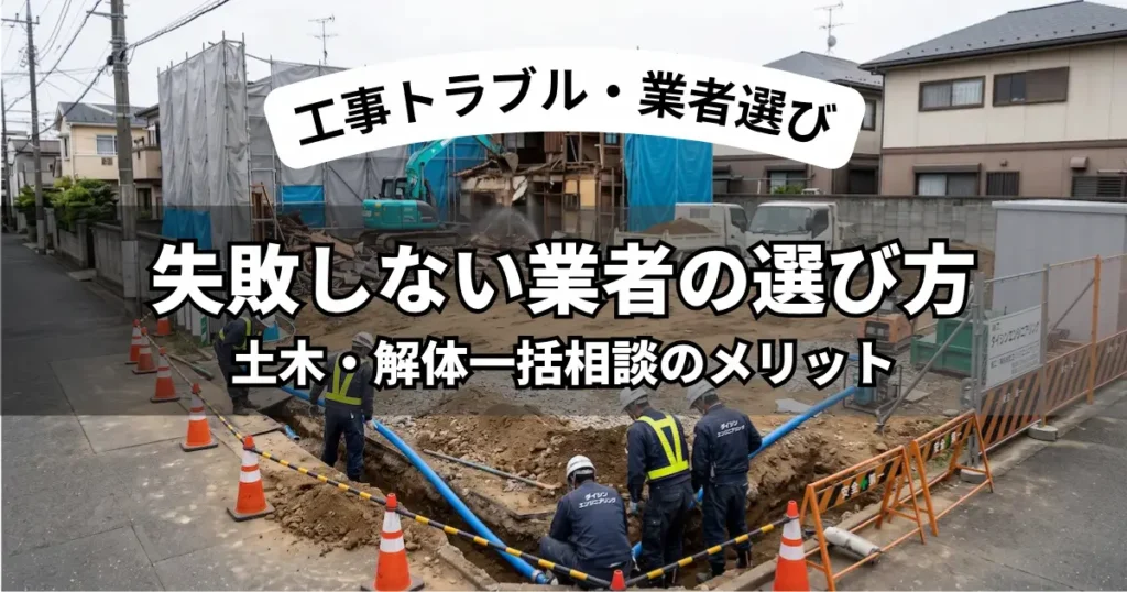 福岡市での住宅解体・宅地造成・給水管引き込み工事の一括施工現場イメージ