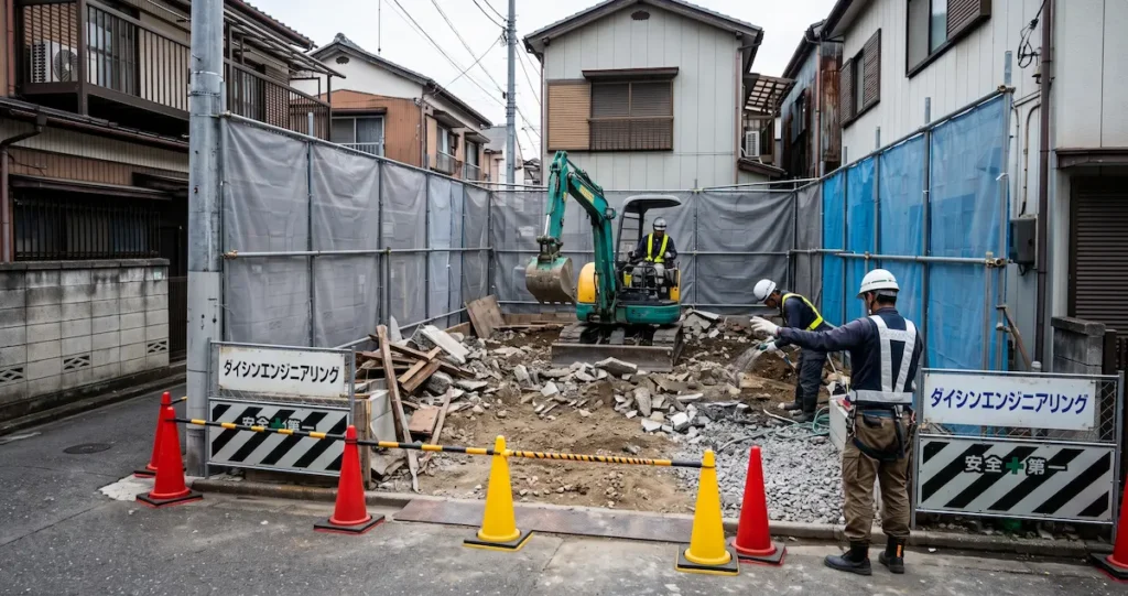 福岡市内の狭小地・傾斜地における解体重機の搬入と宅地造成作業の現場風景